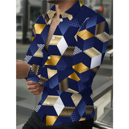 Camisas masculinas retrô com estampa geométrica 3D, manga comprida, elegantes, pretas e brancas, com blocos de cores, slim fit, casual, versátil.