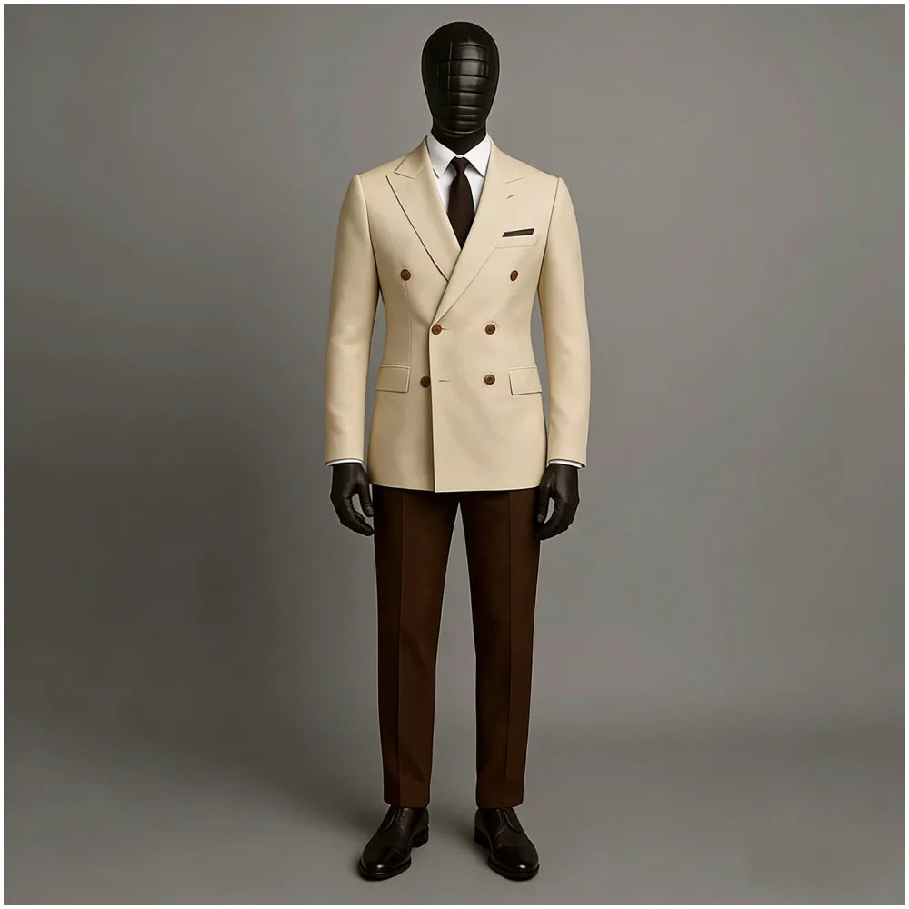 Conjunto de Terno Masculino de 2 Peças: Jaqueta Bege e Calça Marrom, Abotoamento Duplo, Lapela Pontiaguda, Formal e Casual de Negócios, para Noivos e Casamentos