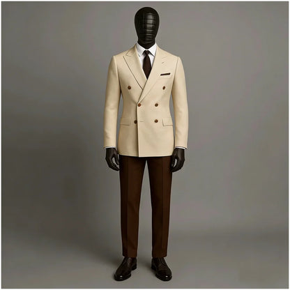 Conjunto de Terno Masculino de 2 Peças: Jaqueta Bege e Calça Marrom, Abotoamento Duplo, Lapela Pontiaguda, Formal e Casual de Negócios, para Noivos e Casamentos