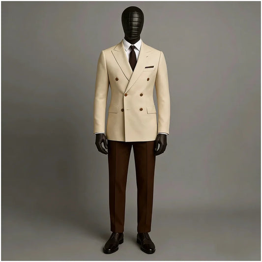 Conjunto de Terno Masculino de 2 Peças: Jaqueta Bege e Calça Marrom, Abotoamento Duplo, Lapela Pontiaguda, Formal e Casual de Negócios, para Noivos e Casamentos
