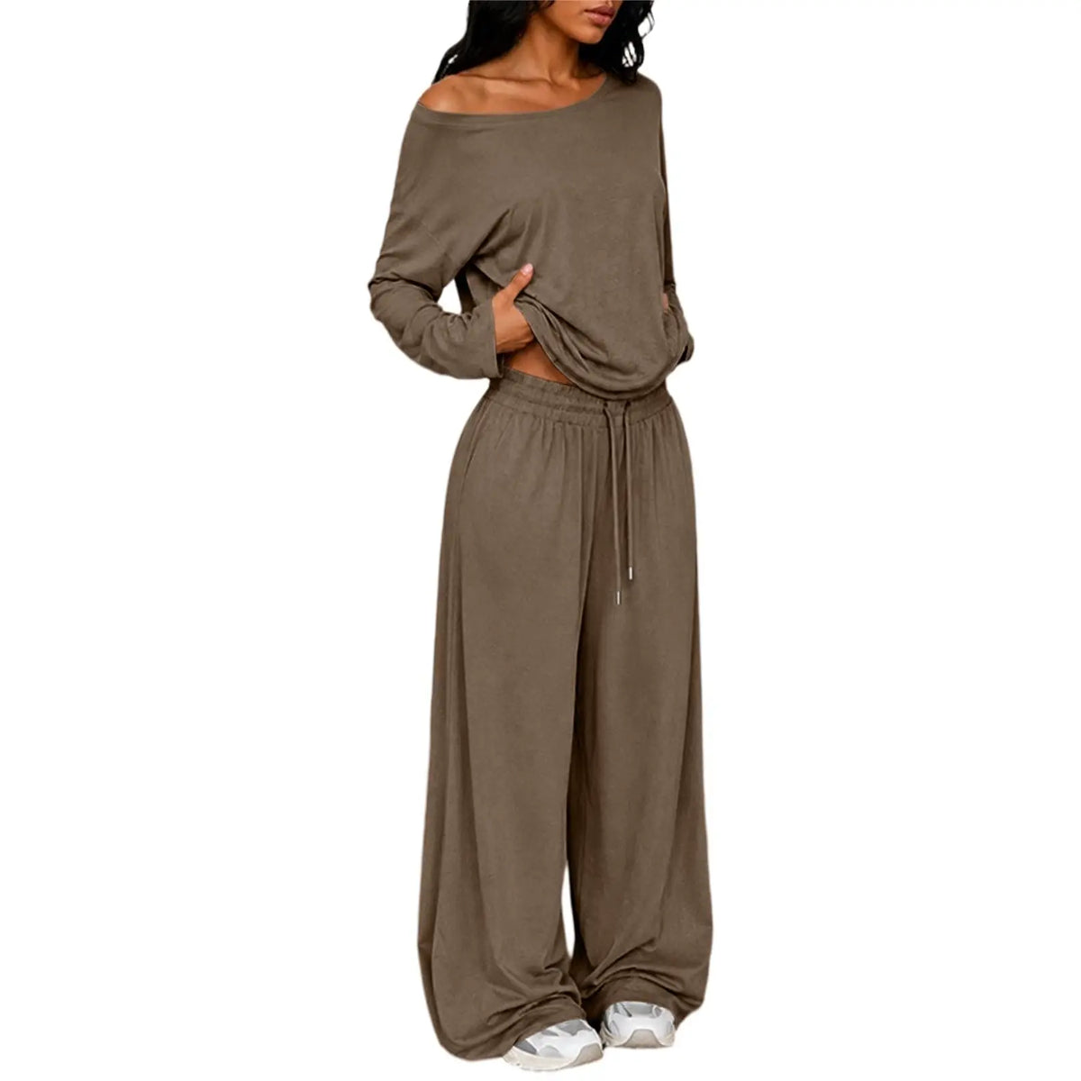 Conjunto Feminino de 2 Peças: Blusa Ombro a Ombro de Manga Longa Solta e Calça Pantalona com Cordão e Bolsos – Macio e Casual
