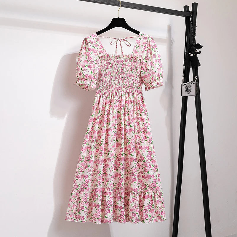 Verão plissado mulheres vestidos de chiffon casual praia férias manga curta gola quadrada mulher midi vestido boêmio mujer vestidos