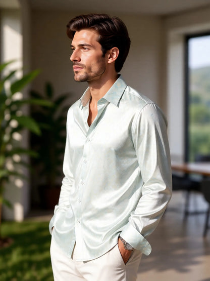 Camisa Social Masculina de Cetim com Manga Longa e Botões, Estampada, Tecido Liso e Brilhante, Ideal para o Dia a Dia, Escritório, Trabalho e Uso Diário