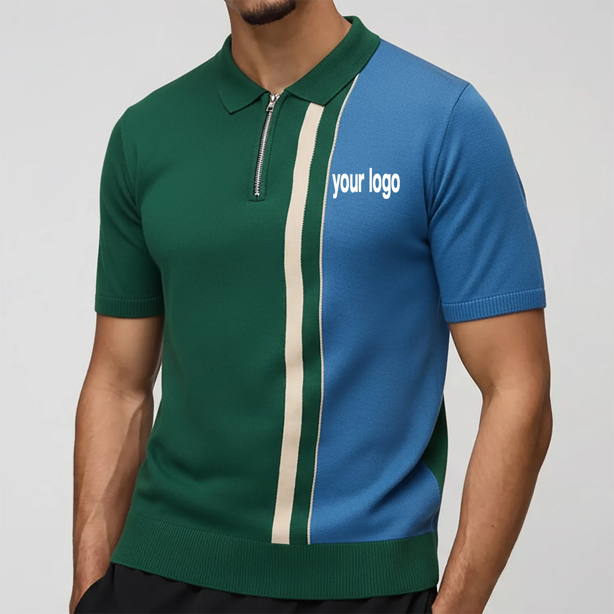 Men's Color Blocked Polo Shirt Short Sleeve Knitted Cotton Zipper Front Logo Casual Breathable Design
