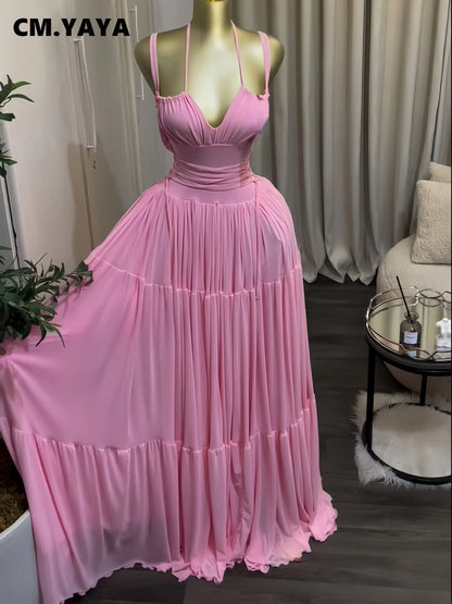CM.YAYA 2026 Novo Vestido Longo Maxi Feminino Halter Sem Alças para Verão, Festa, Aniversário, Praia, Sexy, Férias