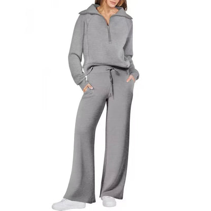 Conjunto de Moletom Feminino de 2 Peças: Blusão Forrado com Fleece Macio e Calça Fluida para Corrida ao Ar Livre e Viagens