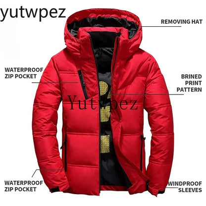 Casaco Casual com Capuz para Exterior, Jaqueta de Plumas Brancas para Homens, Casaco de Inverno Masculino, Impermeável, Capuz Removível, Parkas em Cores Sólidas