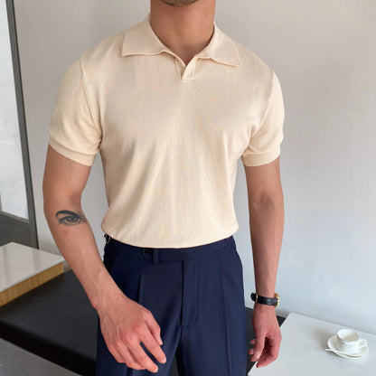 Camisa polo de manga curta de malha masculina, blusa casual de negócios, polo Slim Fit, primavera verão, camiseta listrada moda, camiseta com gola polo, malhas