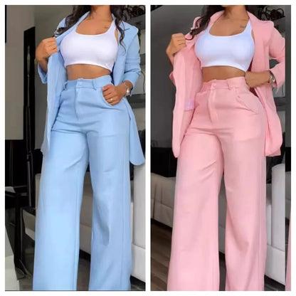 Conjunto de Duas Peças para Mulheres, Moda de Outono, Blazer de Manga Longa com Colarinho e Calças Elegantes com Design de Bolsos