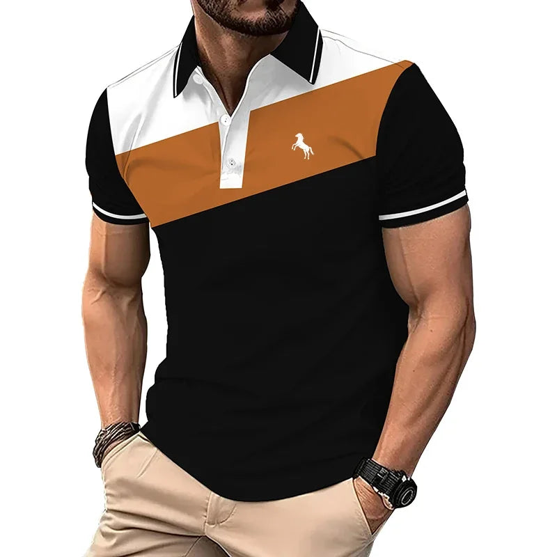 Men Slim Fit Color Block Polo Shirt Deer Embroidery Short Sleeve Breathable Business Casual Fashion Top For Summer Daily Wear