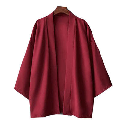 Camisas Kimono Japonesas Masculinas Casuais com Costura Aberta, Yukata Leve e Moderna, Cardigã Preto com Mangas 3/4, Ideal para Férias de Verão