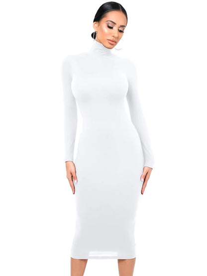 Vestido midi justo de gola alta preta de inverno, manga longa, modelagem justa, estilo boycon, casual, azul felpudo, na altura do joelho, para festas e baladas.