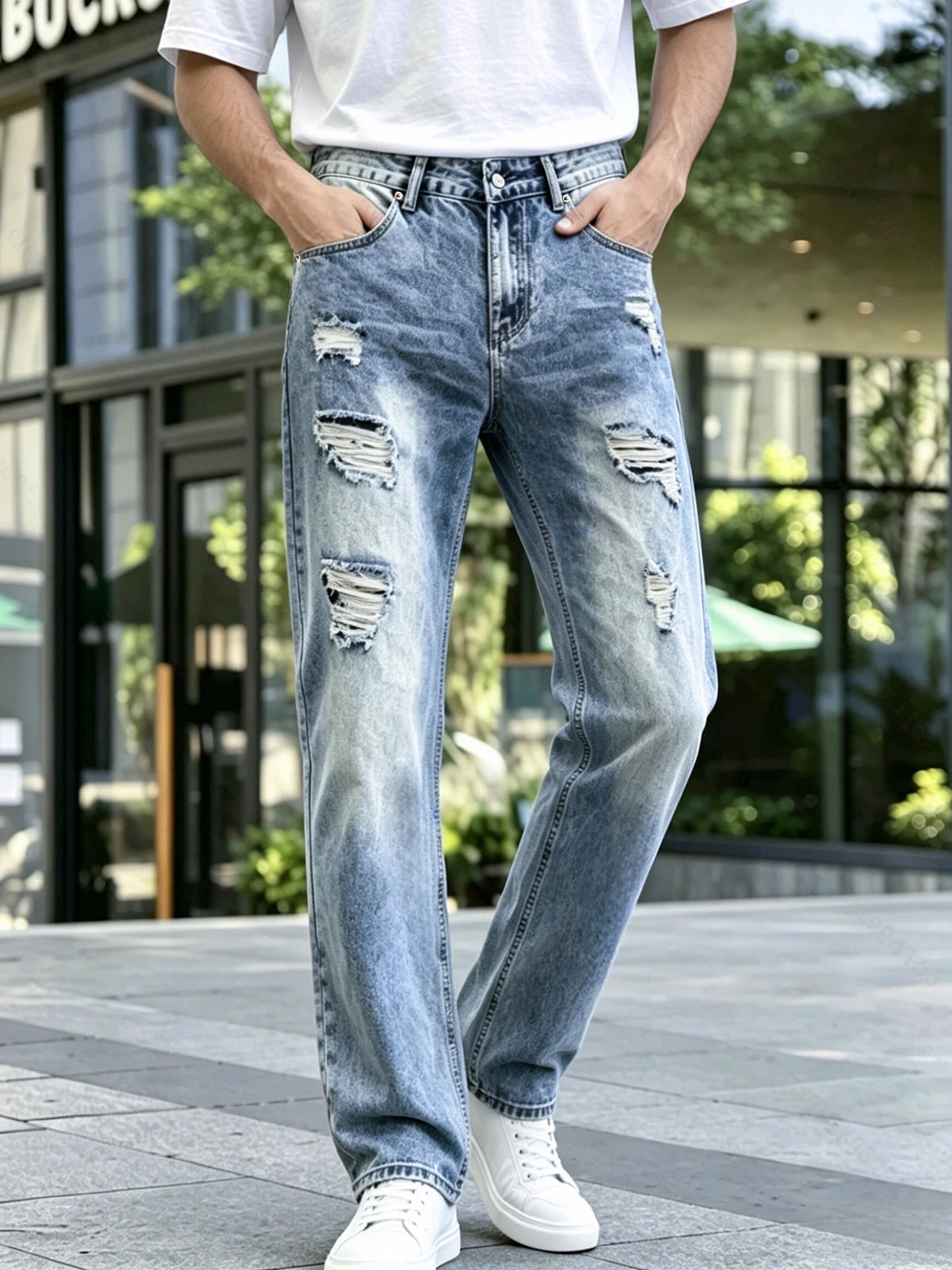 Calças Jeans Masculinas em Denim, Calças de Lavagem Clara com Rasgos, Jeans de Perna Reta