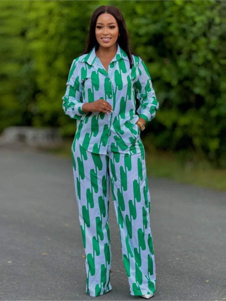 Conjunto de calças impressas feminino primavera outono casual botão camisas de manga comprida e calças retas de cintura alta 2 peça conjunto roupas casuais