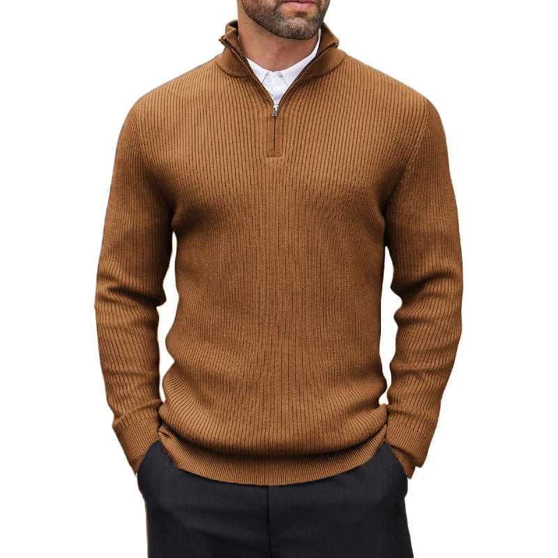 Suéter masculino com zíper quarto, gola simulada, casual, malha canelada, pulôver, outono, leve, polo, inverno, quente, roupa externa