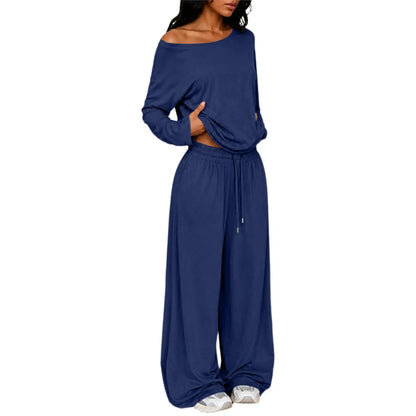 Conjunto Feminino de 2 Peças: Blusa Ombro a Ombro de Manga Longa Solta e Calça Pantalona com Cordão e Bolsos – Macio e Casual
