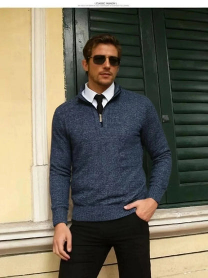 Suéter Masculino Casual de Tricô com Meio Zíper e Gola, Pulôver de Inverno com Listras Verticais, Camisa Base Confortável de Tecido Macio