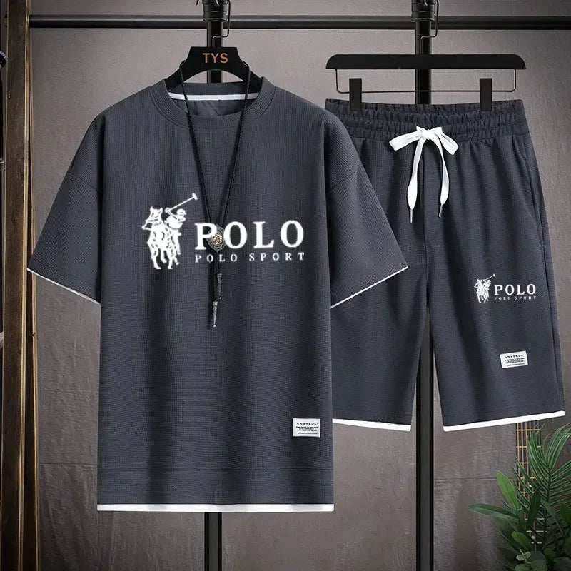 2025 camiseta masculina de manga curta + shorts esportivos de duas peças verão moda respirável fitness casual jogging conjunto.