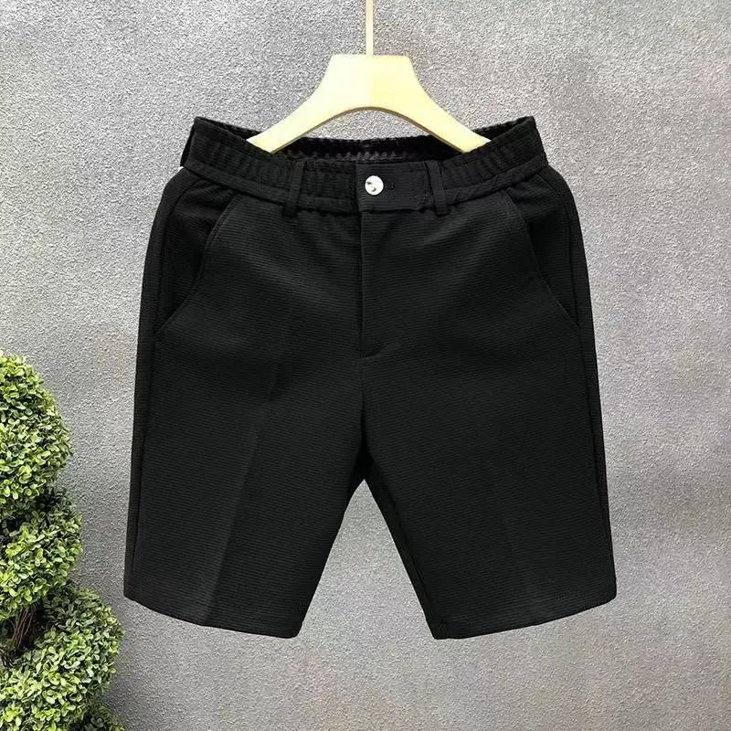 Calças de alfaiataria brancas leves para homens, estilo casual de negócios, calças modernas de verão, calças slim de 5 pontos estilo coreano.