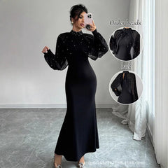 Vestido com Detalhes em Renda para Mulheres, Cintura Alta, Cor Sólida, Vestidos Longos Elegantes para Mulheres