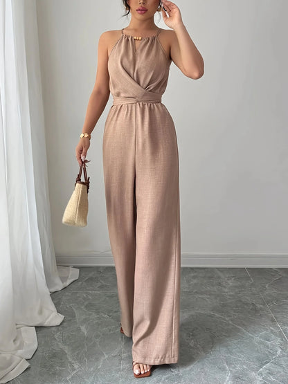 Feminino primavera/verão casual tecido plissado halterneck frisado cintura botão e gravata design maxi macacão