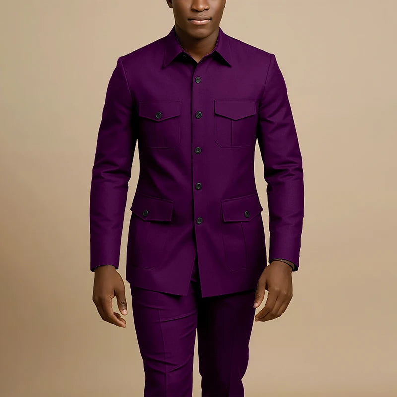 Terno Masculino Marrom de Quatro Bolsos com Lapela Pontiaguda, Casual de Negócios, Formal, Slim Fit, Conjunto de 2 Peças (Jaqueta e Calça)