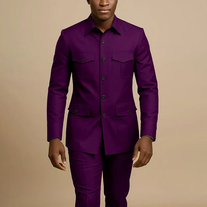 Terno Masculino Marrom de Quatro Bolsos com Lapela Pontiaguda, Casual de Negócios, Formal, Slim Fit, Conjunto de 2 Peças (Jaqueta e Calça)