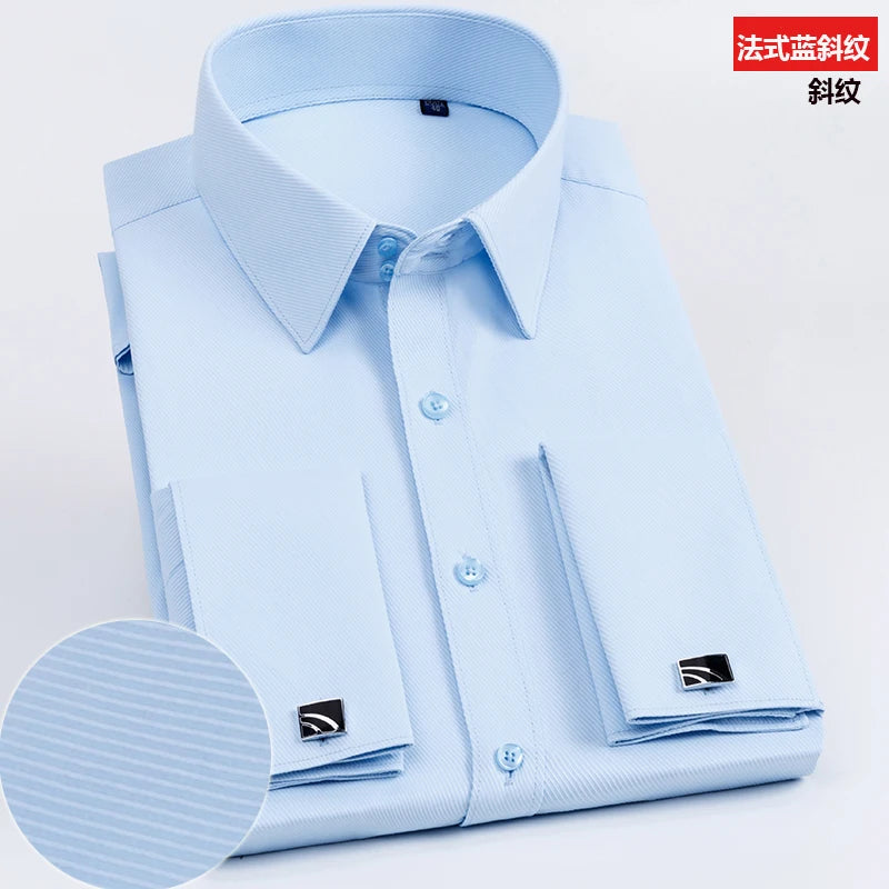Camisa masculina com abotoaduras francesas, ajuste fino de manga comprida, manga de negócios, sem unhas, camisa formal masculina de cor sólida