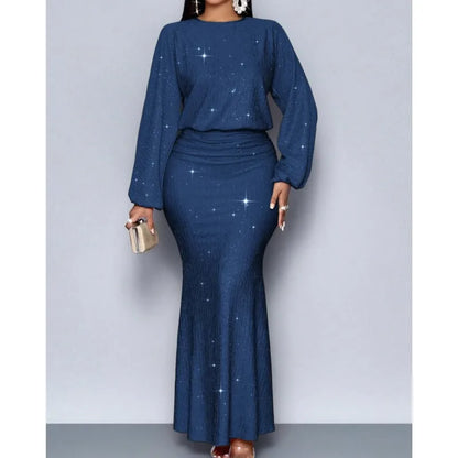 Vestido Elegante de Manga Longa com Decote Redondo e Cintura Alta para Mulheres, Vestido de Festa Formal Chic para Noite