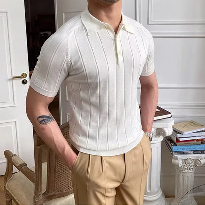 Camisa polo de malha elástica, pulôver casual, manga curta, tops de malha de botão de lapela, roupas da moda, primavera, verão, 2023