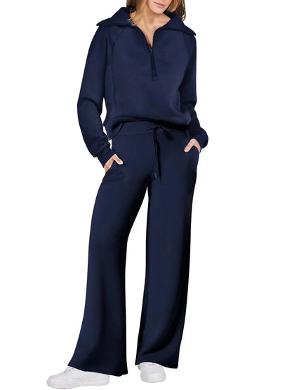 Conjunto de Moletom Feminino de 2 Peças: Blusão Forrado com Fleece Macio e Calça Fluida para Corrida ao Ar Livre e Viagens
