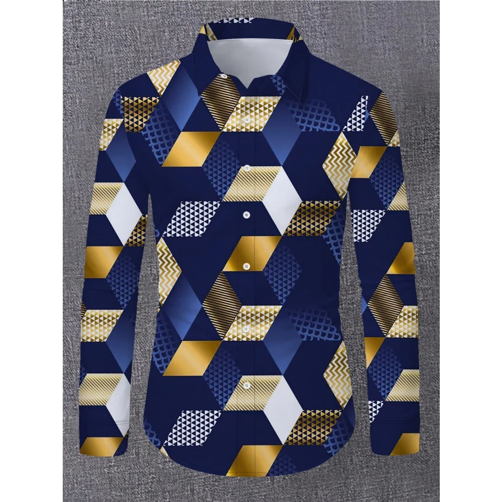 Camisas masculinas retrô com estampa geométrica 3D, manga comprida, elegantes, pretas e brancas, com blocos de cores, slim fit, casual, versátil.