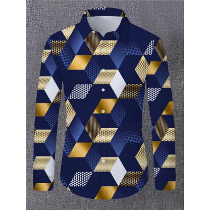 Camisas masculinas retrô com estampa geométrica 3D, manga comprida, elegantes, pretas e brancas, com blocos de cores, slim fit, casual, versátil.