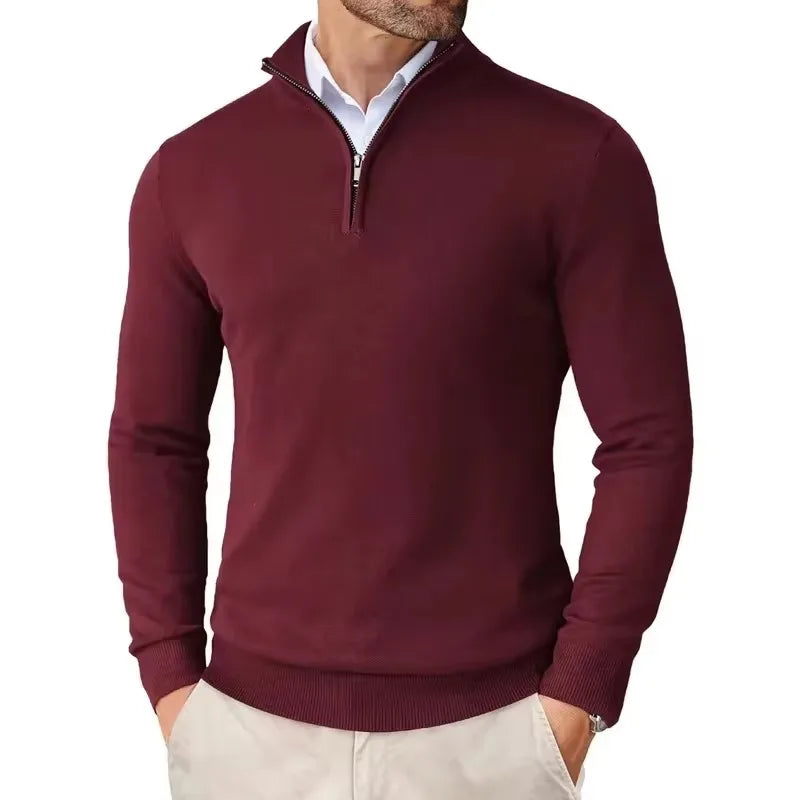 Suéter masculino com zíper de quarto, slim fit, leve, pulôver ao ar livre, gola simulada, meia gola alta, malha, streetwear
