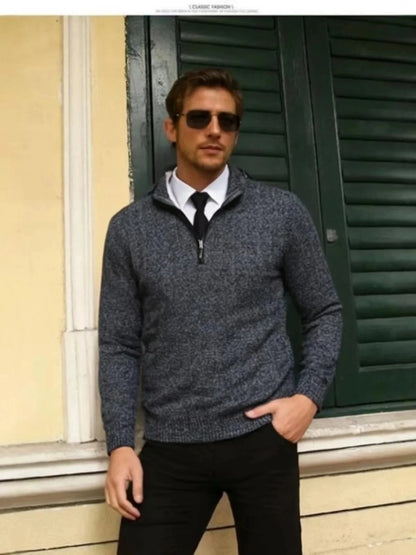 Suéter Masculino Casual de Tricô com Meio Zíper e Gola, Pulôver de Inverno com Listras Verticais, Camisa Base Confortável de Tecido Macio
