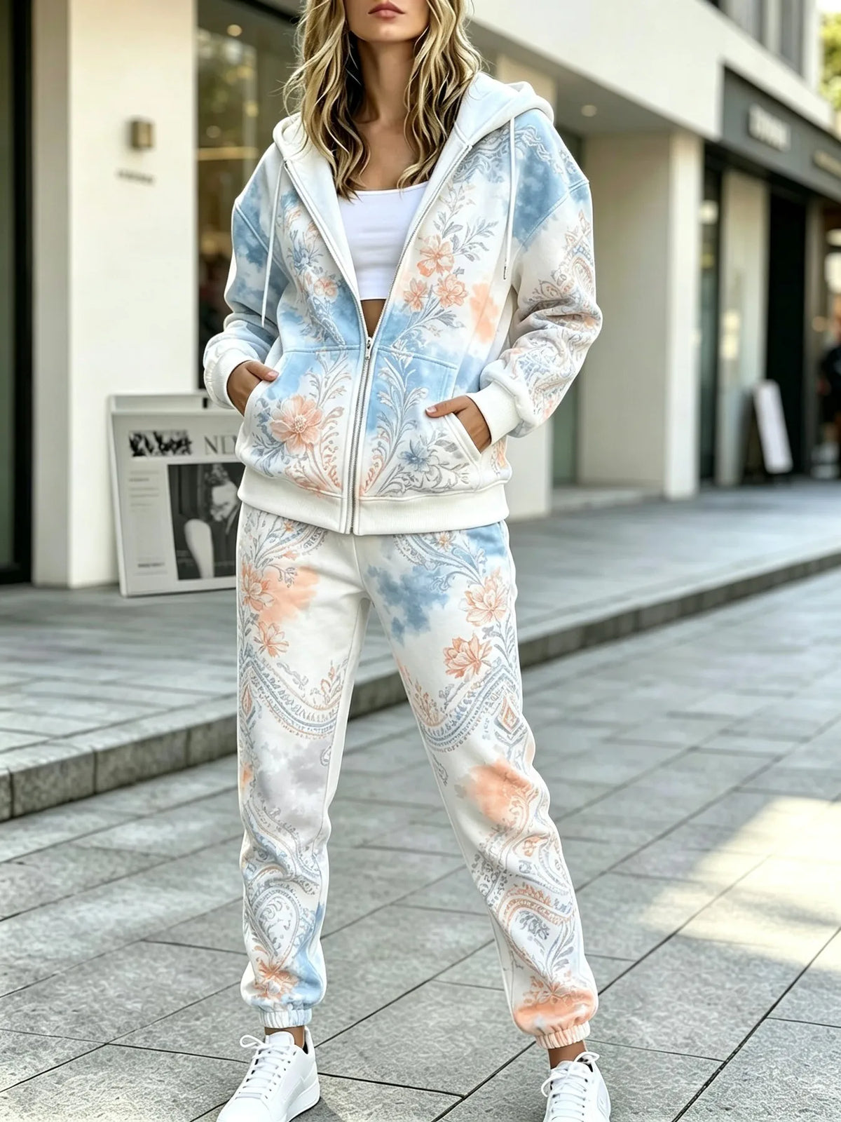 Conjunto Feminino de Moletom com Capuz e Calça com Zíper, Estampa 3D, Estilo Casual, Nova Coleção Primavera/Verão