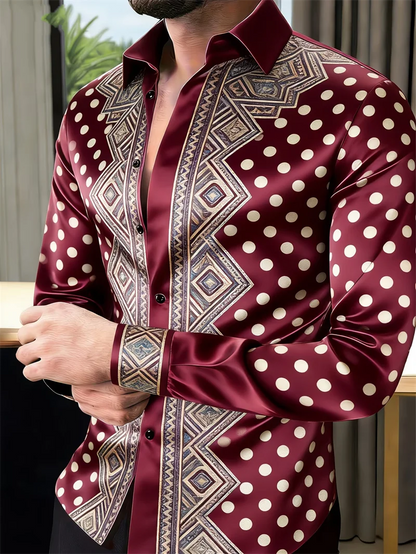 Nova camisa masculina de manga comprida com 11 cores, estampa 3D dourada, padrão de bolinhas moderno, estilo luxuoso.