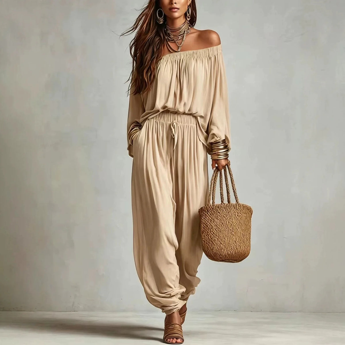 Conjunto Elegante de Duas Peças com Blusa de Manga Longa Off Shoulder e Calças Jogger com Cordão para Mulheres