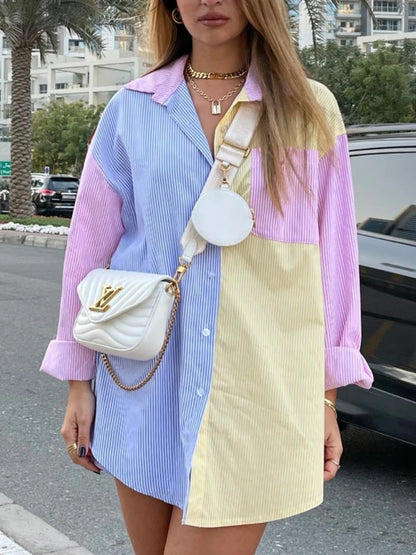 Camisas listradas soltas para mulheres, blusa casual chique, tops femininos, lapela, renda extragrande, nova moda