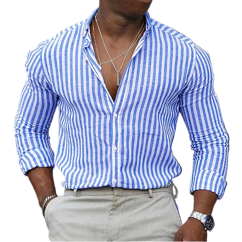 Nova camisa listrada masculina manga longa impressão respirável t camisas lapela camisas básicas para homem leve camisa havaiana streetwear