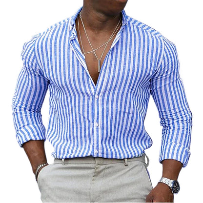 Nova camisa listrada masculina manga longa impressão respirável t camisas lapela camisas básicas para homem leve camisa havaiana streetwear