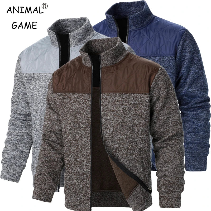Jaqueta masculina patchwork com gola alta, corte slim, estilo cardigã, streetwear, esportiva, casual, com zíper, ideal para atividades ao ar livre.
