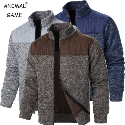 Jaqueta masculina patchwork com gola alta, corte slim, estilo cardigã, streetwear, esportiva, casual, com zíper, ideal para atividades ao ar livre.