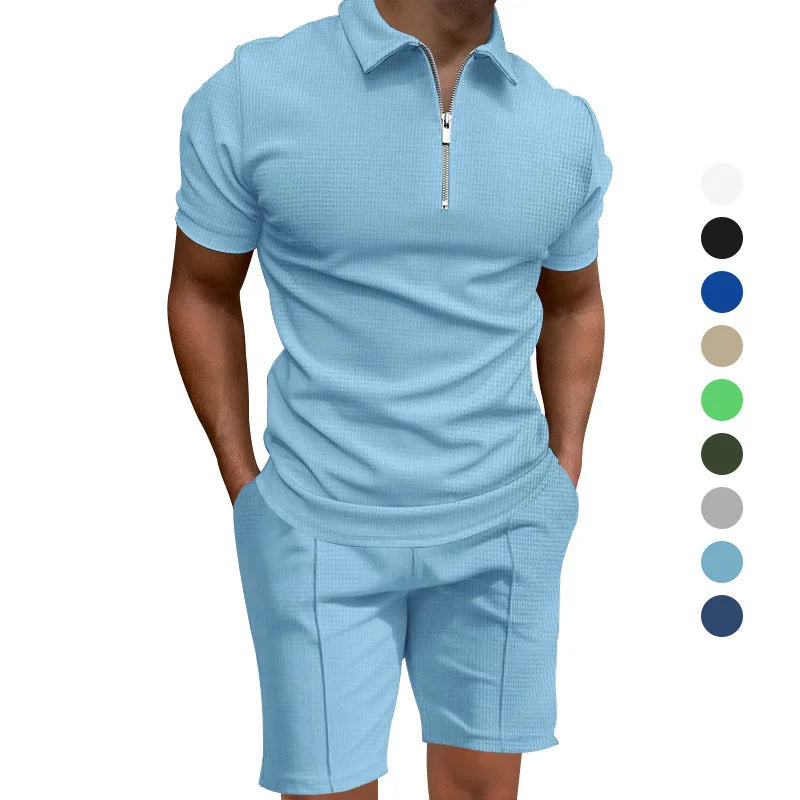 Homens de manga curta slim-fit terno casual da moda, lapela waffle, cor sólida, roupas de verão, frete grátis, 2024