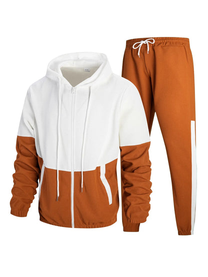 2025 new spring and fall men's hooded Waffle color matching jacket double pocket long sleeve jacket casual sports two pants suit