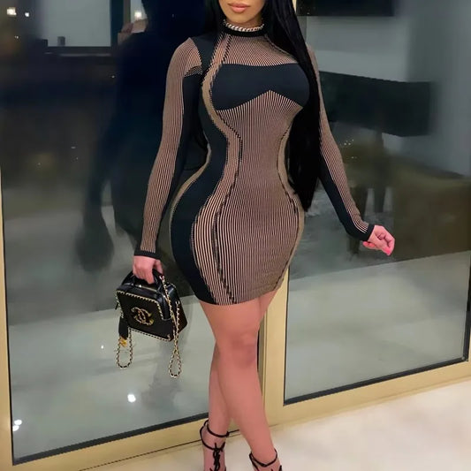 2022 moda manga comprida apertado estiramento mini cor-bloqueio listrado de manga curta hip vestido sexy listrado bodycon vestido