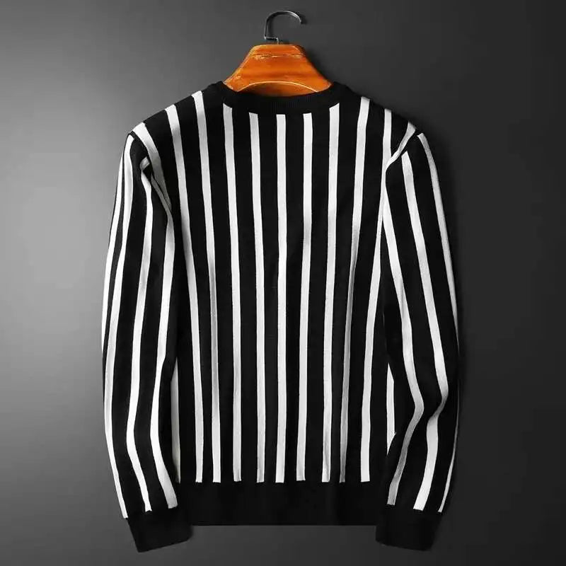Suéter listrado de cor contrastante masculino, pulôver de manga comprida, estampa fina, camisa social, roupas de streetwear, outono