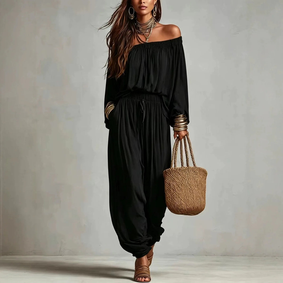 Conjunto Elegante de Duas Peças com Blusa de Manga Longa Off Shoulder e Calças Jogger com Cordão para Mulheres