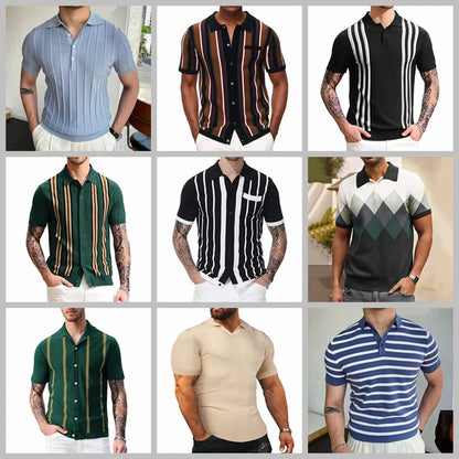 Novo verão camiseta masculina 2024 manga curta lapela listra impressão botão listra camisa polo moda pulôver topos