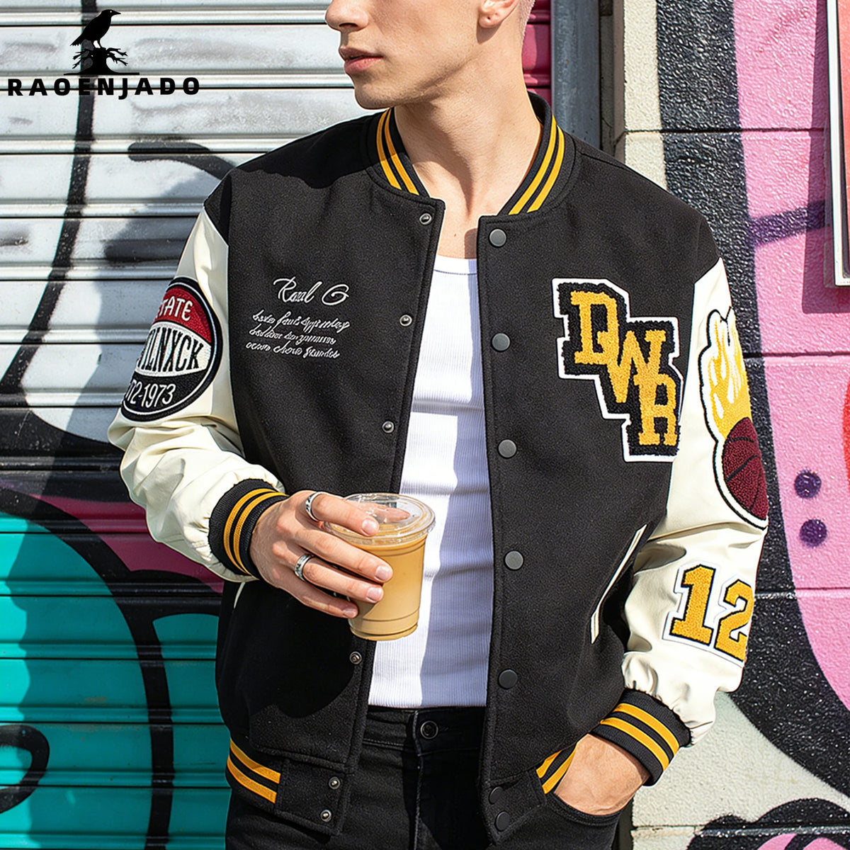 Jaqueta Vintage Masculina Estilo Varsity Racing Letterman Casaco de Beisebol Streetwear com Mangas de Couro Sintético
